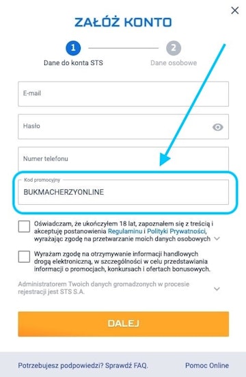 Kod bonusowy wpisujemy w okienku formularza STS
