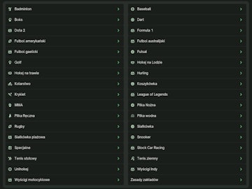 Oferta zakładów na poszczególne sporty.