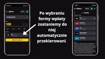 Wybieranie formy wpłaty w aplikacji LV BET