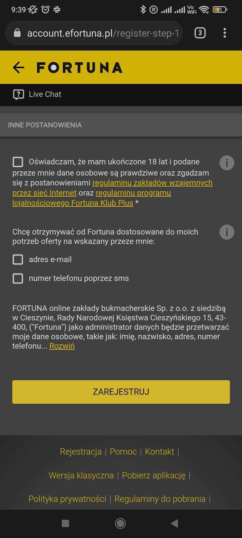 Ekran logowania Efortuna na urządzeniu mobilnym
