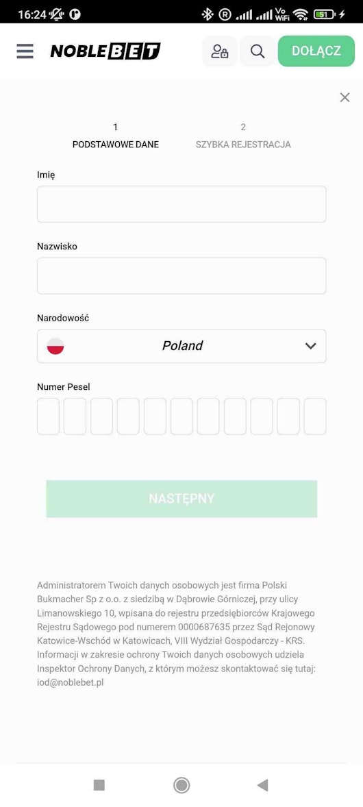 Wpisz podstawowe dane w formularzu Noblebet